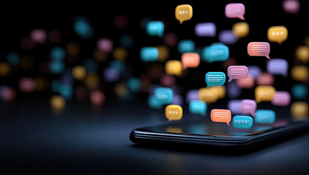 Colorful message bubbles float up from a smartphone, representing digital communication - Powered by Adobe