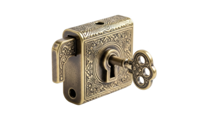 Ornate antique brass padlock with key inserted black background