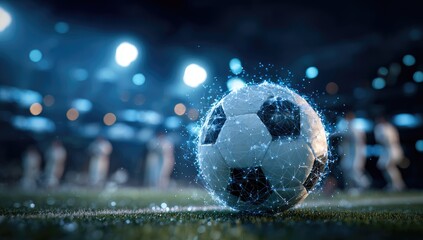 Futuristic soccer ball glowing with connected lines on a stadium pitch at night