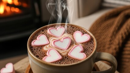 Steaming hot chocolate with heartshaped marshmallows by a cozy fireplace
