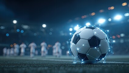 Futuristic soccer ball with glowing network on a stadium field, players in background