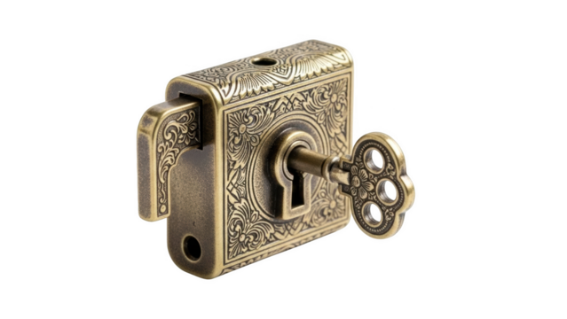 Ornate antique brass padlock with key inserted black background - Powered by Adobe