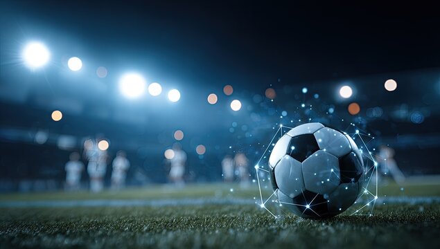 A soccer ball on a stadium field at night, surrounded by a digital network effect - Powered by Adobe