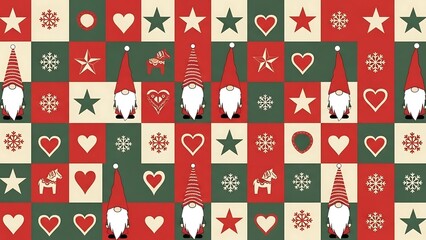 Festive Christmas Gnomes and Holiday Icons Pattern Design.