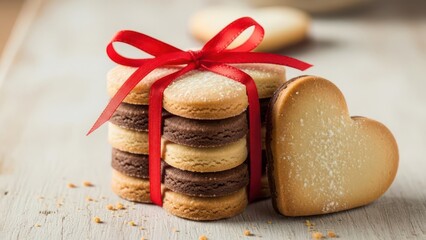 Stack of round and heartshaped cookies tied with a red ribbon