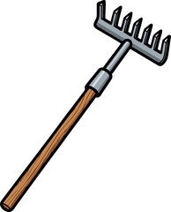 A detailed illustration of a garden rake with a wooden handle and metal tines.