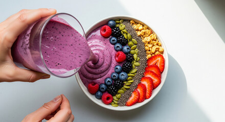Pouring thick purple smoothie into a bowl topped with berries and granola