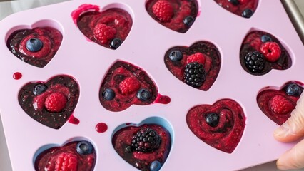 Heartshaped berry chocolate treats in a pink silicone mold