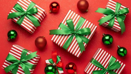 Christmas gift boxes with green ribbons on red background