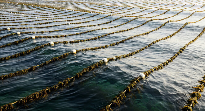 Vast seaweed farm cultivated in ocean, rows of kelp growing on submerged ropes