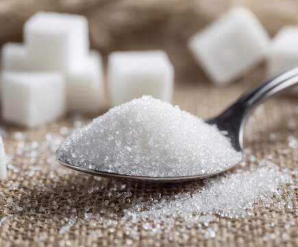 white granulated sugar in a metal spoon, sugar cubes in the background
