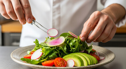 Chef garnishing fresh salad with sliced radishes and avocado on a plate
