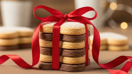 Stack of vanilla and chocolate shortbread cookies tied with a red ribbon as a gift