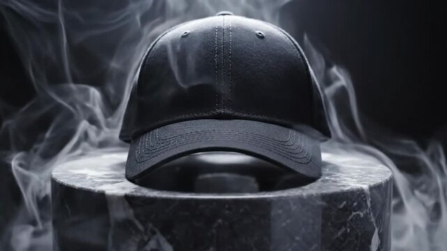 Black Baseball Cap with Smoke on a Dark Background, Dynamic Studio Shot of Headwear.