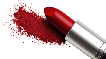 Red lipstick cosmetic presented with smooth vibrant color and sleek cylindrical makeup form displayed on white background