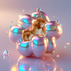Iridescent holographic popcorn kernel with rainbow reflections bronze chrome shadows and sparkling glossy highlights for National Popcorn Day