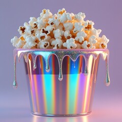 Iridescent holographic popcorn bucket with rainbow reflections bronze chrome stripes and sparkling glossy texture for National Popcorn Day