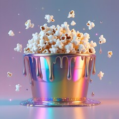 Iridescent holographic popcorn bucket with rainbow reflections bronze chrome stripes and sparkling glossy texture for National Popcorn Day