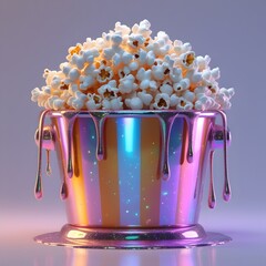 Iridescent holographic popcorn bucket with rainbow reflections bronze chrome stripes and sparkling glossy texture for National Popcorn Day