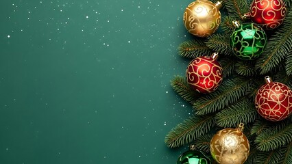 Festive christmas tree branches with ornaments on green background