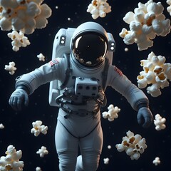 Futuristic astronaut floating in deep space surrounded by ultra detailed popcorn kernels with cinematic lighting for National Popcorn Day
