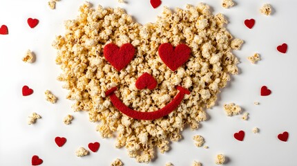 Close up caramel popcorn heart with cute smiley face and red sugar hearts on white studio background for National Popcorn Day