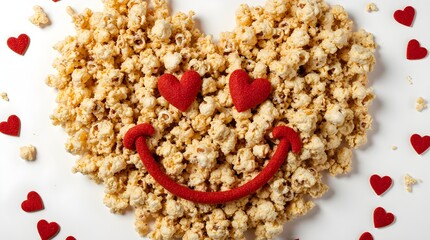 Close up caramel popcorn heart with cute smiley face and red sugar hearts on white studio background for National Popcorn Day