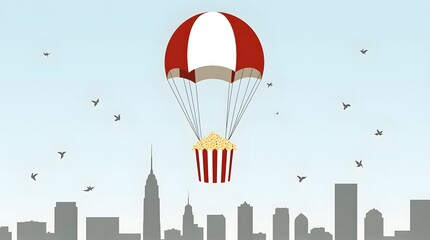 Minimal flat vector of a striped popcorn bucket flying with a red white parachute over soft blue sky for playful National Popcorn Day art