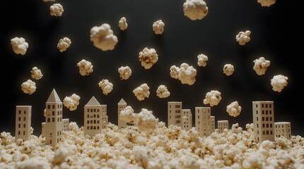 Floating popcorn metropolis with cinematic depth of field and ultra detailed kernels forming surreal city structures for National Popcorn Day