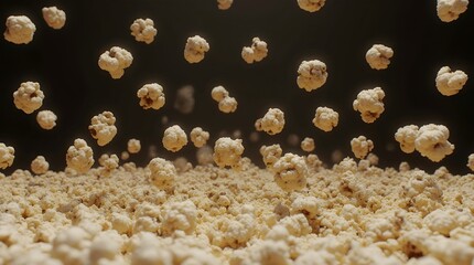 Floating popcorn metropolis with cinematic depth of field and ultra detailed kernels forming surreal city structures for National Popcorn Day