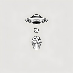 Minimal single color vector of a popcorn kernel being beamed up by a UFO in bold clean silhouette style for National Popcorn Day