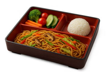 Japanese bento box lunch with noodles, rice, vegetables, transparent background