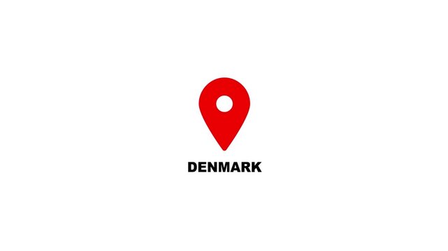 Denmark map location pin animation. Denmark text up down location pin pointer icon white background, Alpha channel GPS location tracking animation. 4K video.