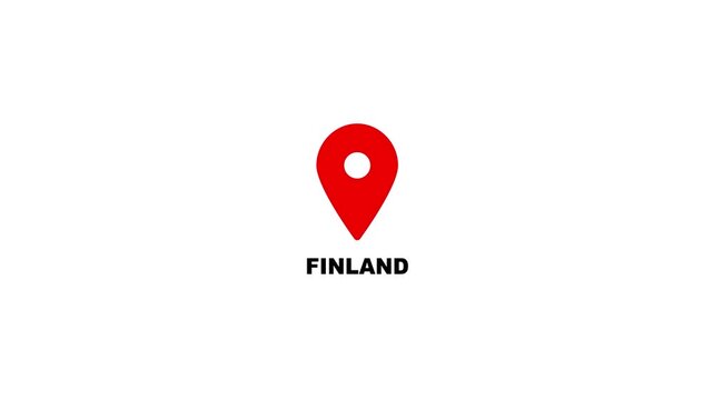 Finland map location pin animation. Finland text up down location pin pointer icon white background, Alpha channel GPS location tracking animation. 4K video.