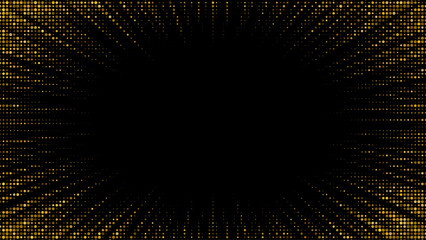 Radiant starburst with sparkle particles on black backdrop. Luminous rays burst outward creating festive pattern with shimmer effects and confetti splatter design