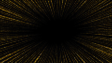 Fototapeta na wymiar Glitter explosion with golden halftone dots bursting outward. Radiant sunburst design features shimmer particles, confetti sparkles, and luminous glow effects