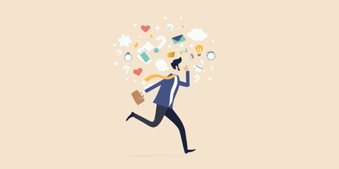 A businessman runs amidst a whirlwind of thoughts ideas and creative concepts