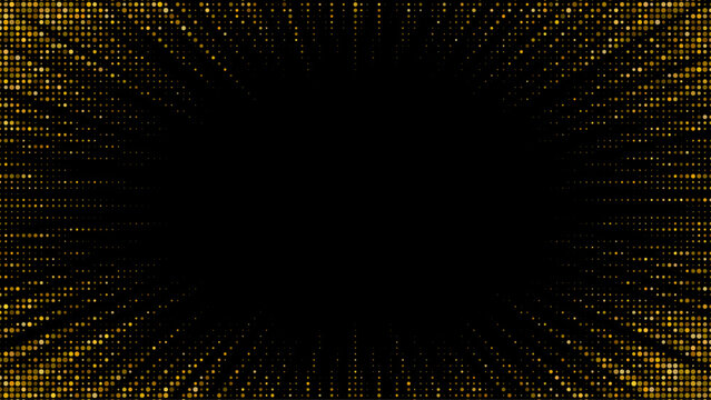 Radiant starburst with sparkle particles on black backdrop. Luminous rays burst outward creating festive pattern with shimmer effects and confetti splatter design