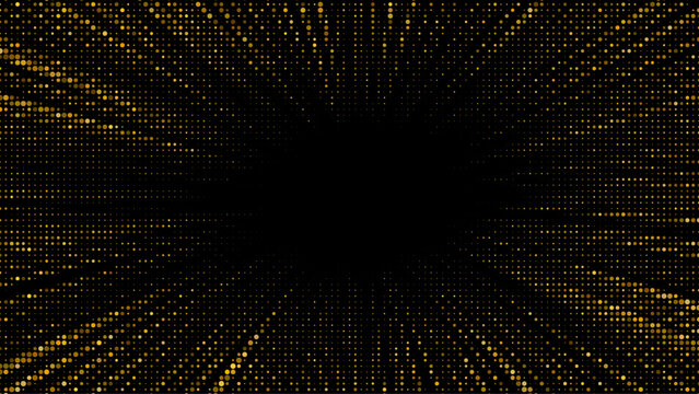 Fototapeta Glitter explosion with golden halftone dots bursting outward. Radiant sunburst design features shimmer particles, confetti sparkles, and luminous glow effects