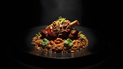 Gourmet Braised Lamb Shank with Spiced Rice and Toasted Nuts on Dark Background.
