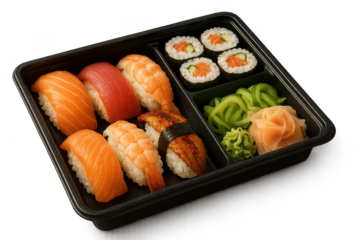 Assorted fresh sushi set with nigiri and maki rolls on a transparent background