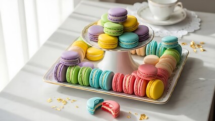“Colorful rainbow macarons arranged on serving stand, soft pastel tones, premium dessert photography for bakery branding and confectionery ads.