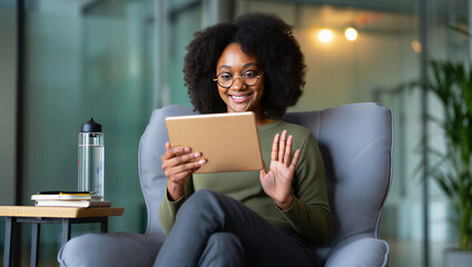 Black Woman on Video Call Using Tablet in Modern Office. Remote Work & Digital Communication.