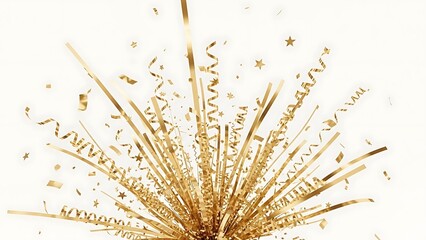 Golden confetti explosion with streamers and stars isolated on white background