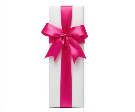 a tall, slender gift box in white, decorated with a bright pink silk ribbon