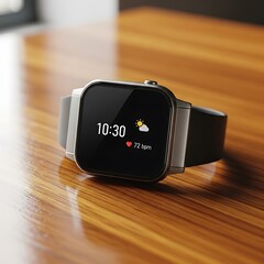 Smartwatch Displaying Time and Health Data on Wooden Surface.