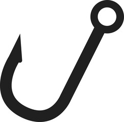Simple fishing hook icon represents angling, recreation, outdoor activity, or catching concept.