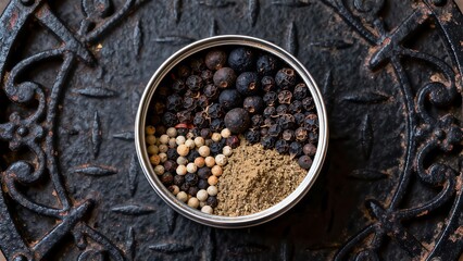 Overhead view of a metal tin filled with various peppercorns and spices