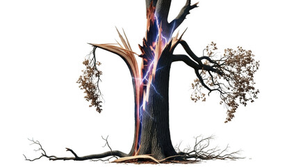 Tree trunk split by lightning strike with glowing energy