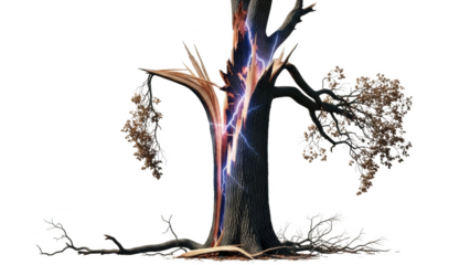 Tree trunk split by lightning strike with glowing energy
